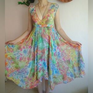 Versace Colorful Floral V-Neck Midi Dress